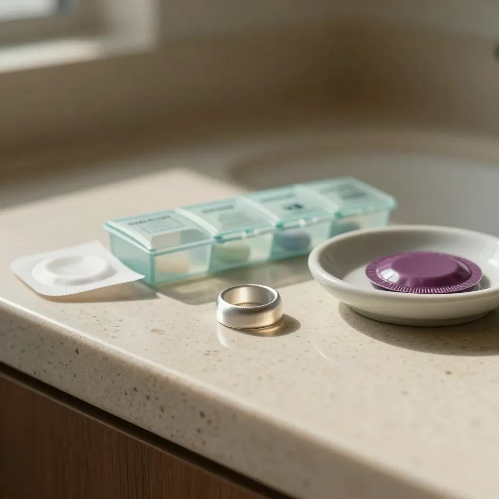 Contraception options arranged on travertine: ring case, pill organizer, patch sleeve, ceramic dish.