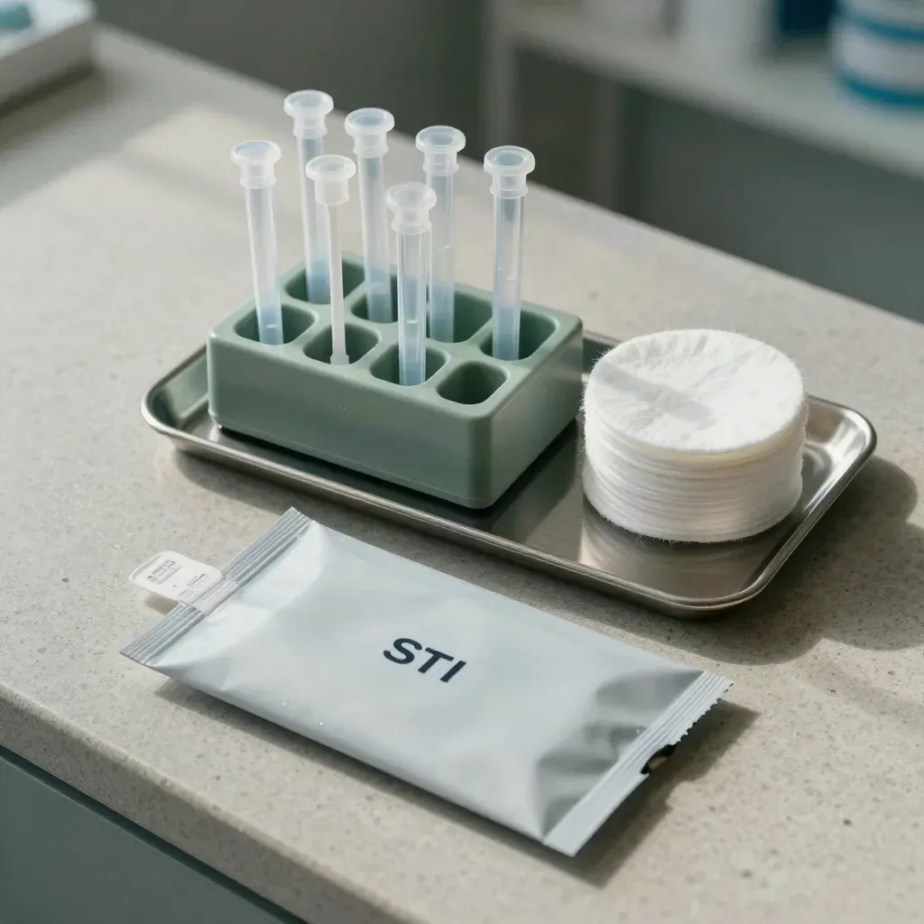 Flat lay of STI screening kit with swab tubes, transport rack, cotton rounds and sealed pouch.