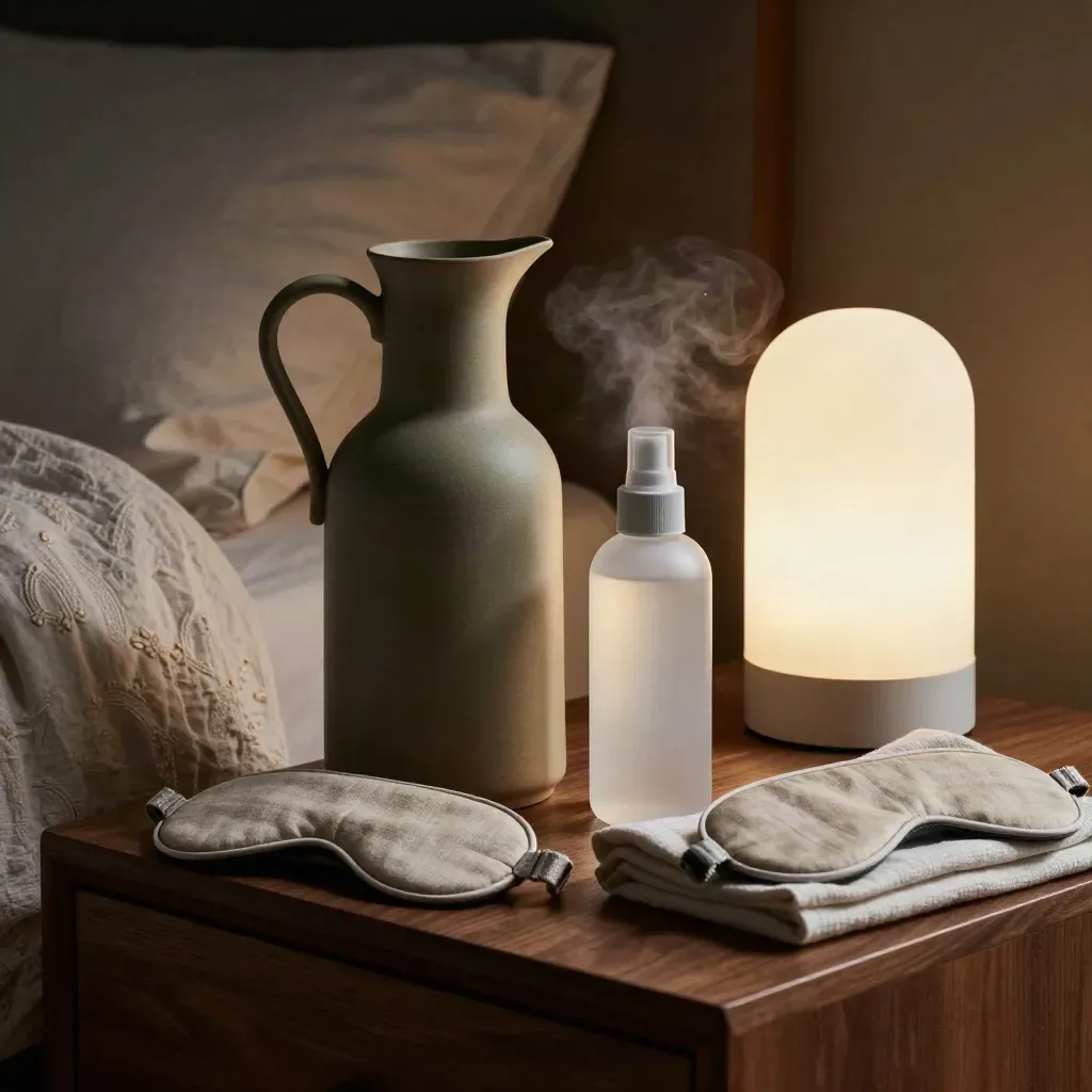Menopause care bedside still life with carafe, mist bottle, sleep mask, lamp and folded linen.