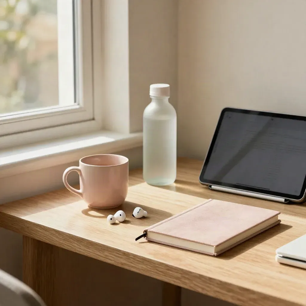 Telehealth home corner with earbuds, tablet, refill bottle, notebook, and mug in warm window light