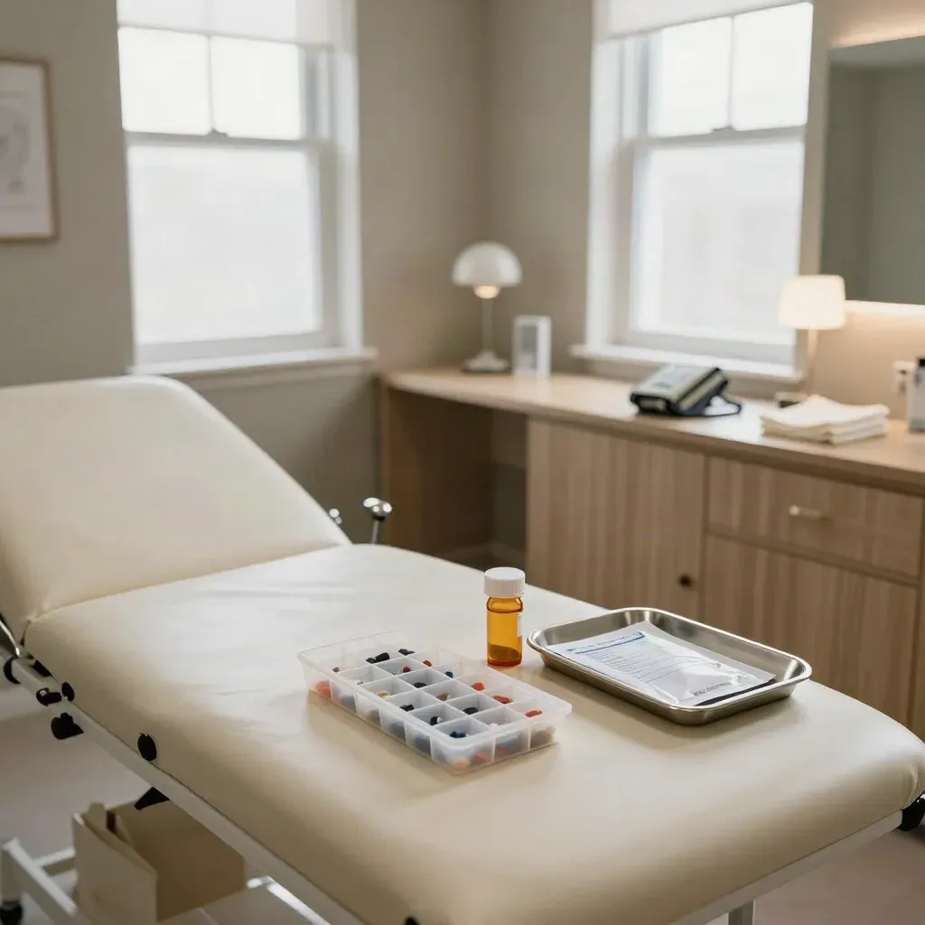 Reset clinic checkup setup beside a sunny window with pill sorter, refill bottle and lab pouch.