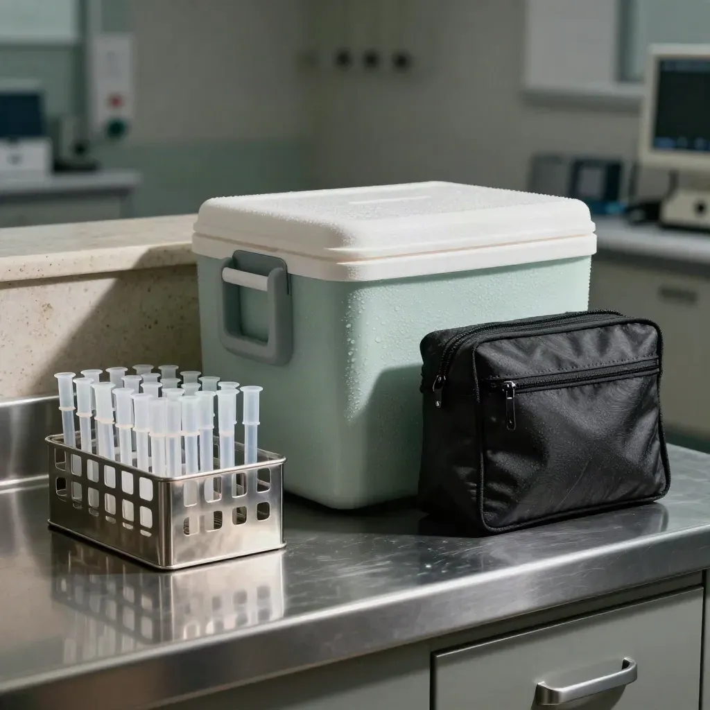 Sealed STI screening kit with tubes, cooler, and courier pouch on a clinic counter.