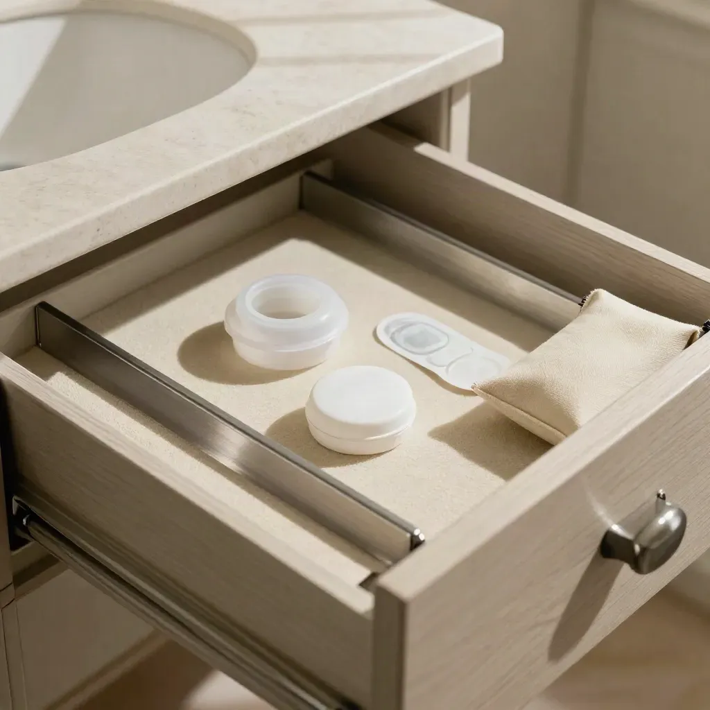 Overhead drawer with pill dispenser, ring case, patch sleeve, and pouch in a bright vanity.