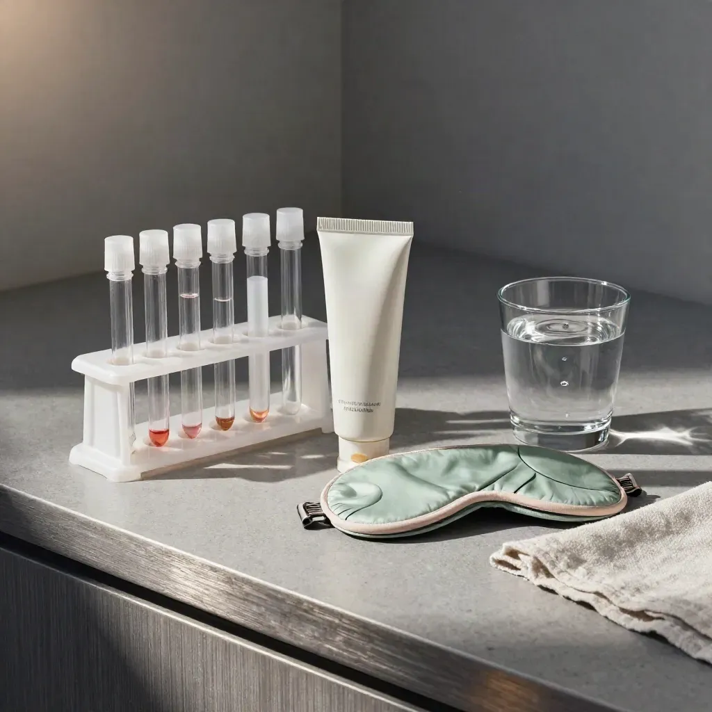 Blood tube rack, moisturizer, sleep mask, and water glass on a sage clinic counter