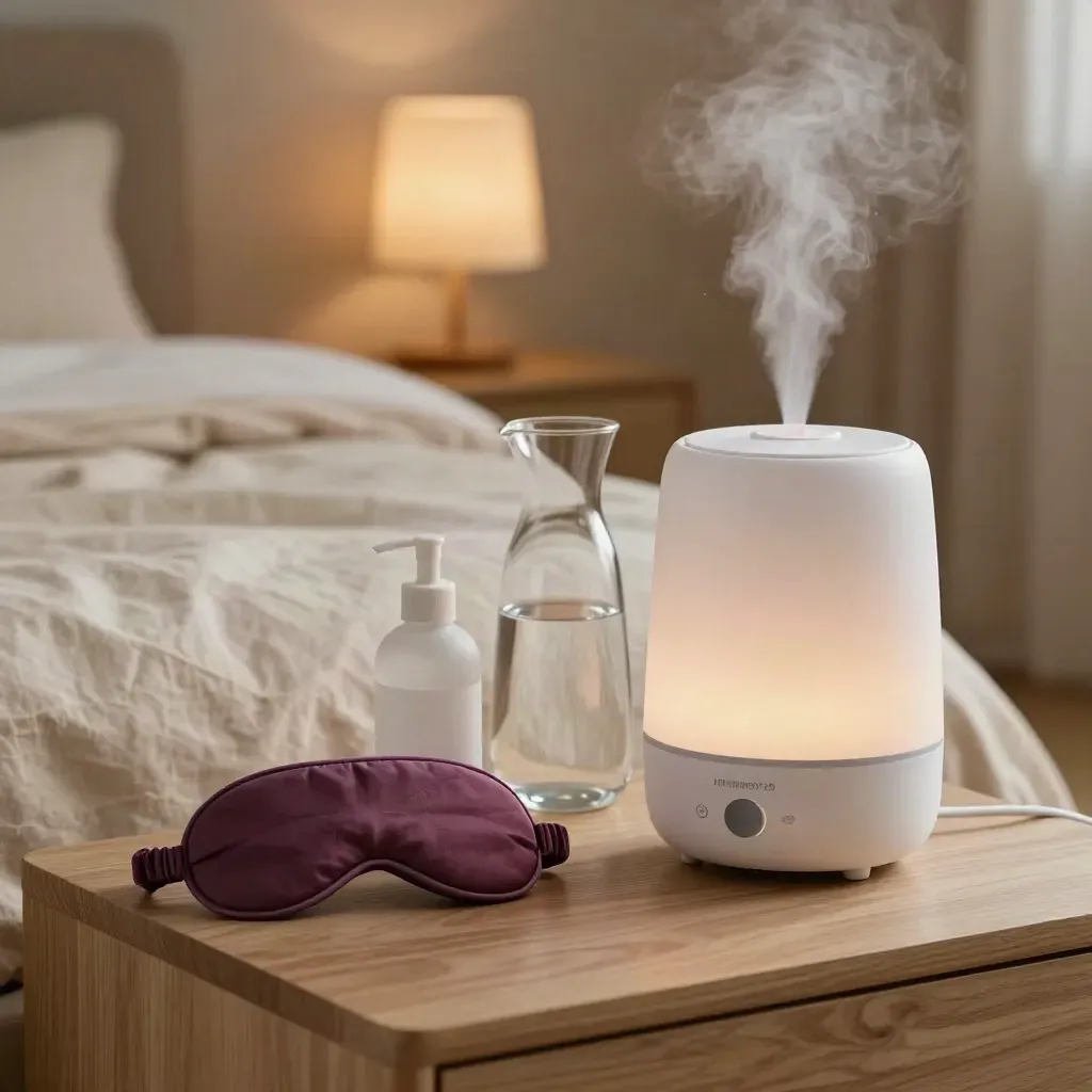 Bedside menopause care setup with humidifier, water carafe, mist bottle, sleep mask, and refill bottle.