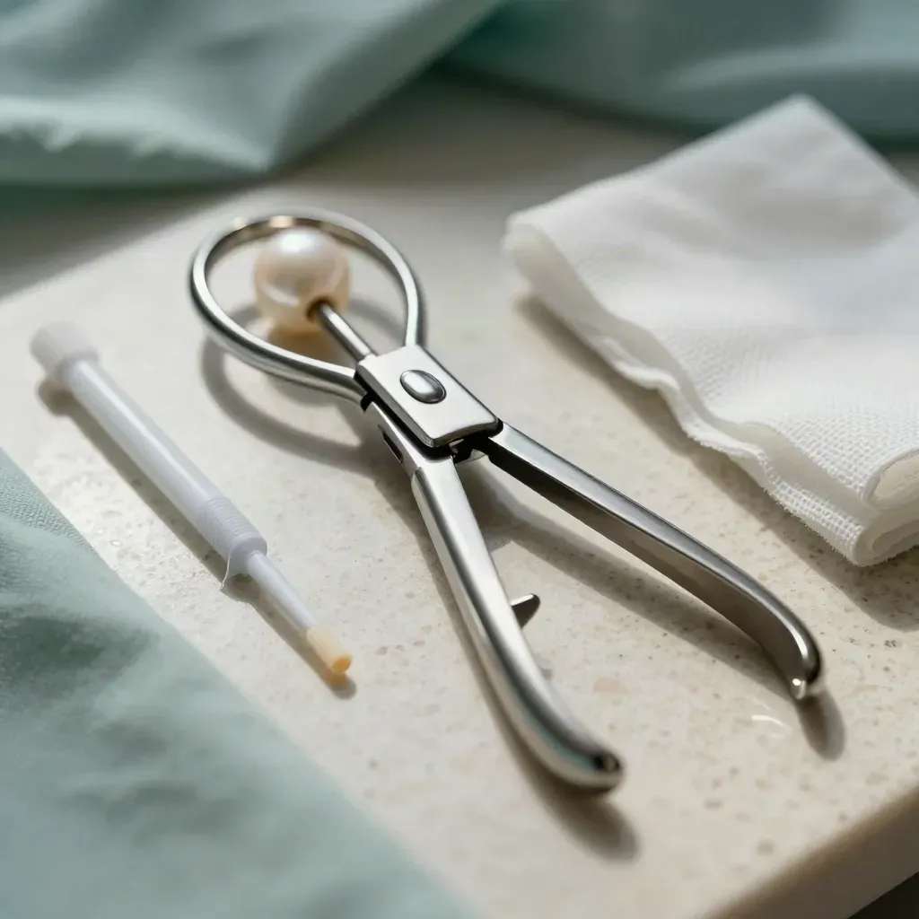 Macro of gynecologic speculum, cervical brush pack, and gauze on a stainless tray.