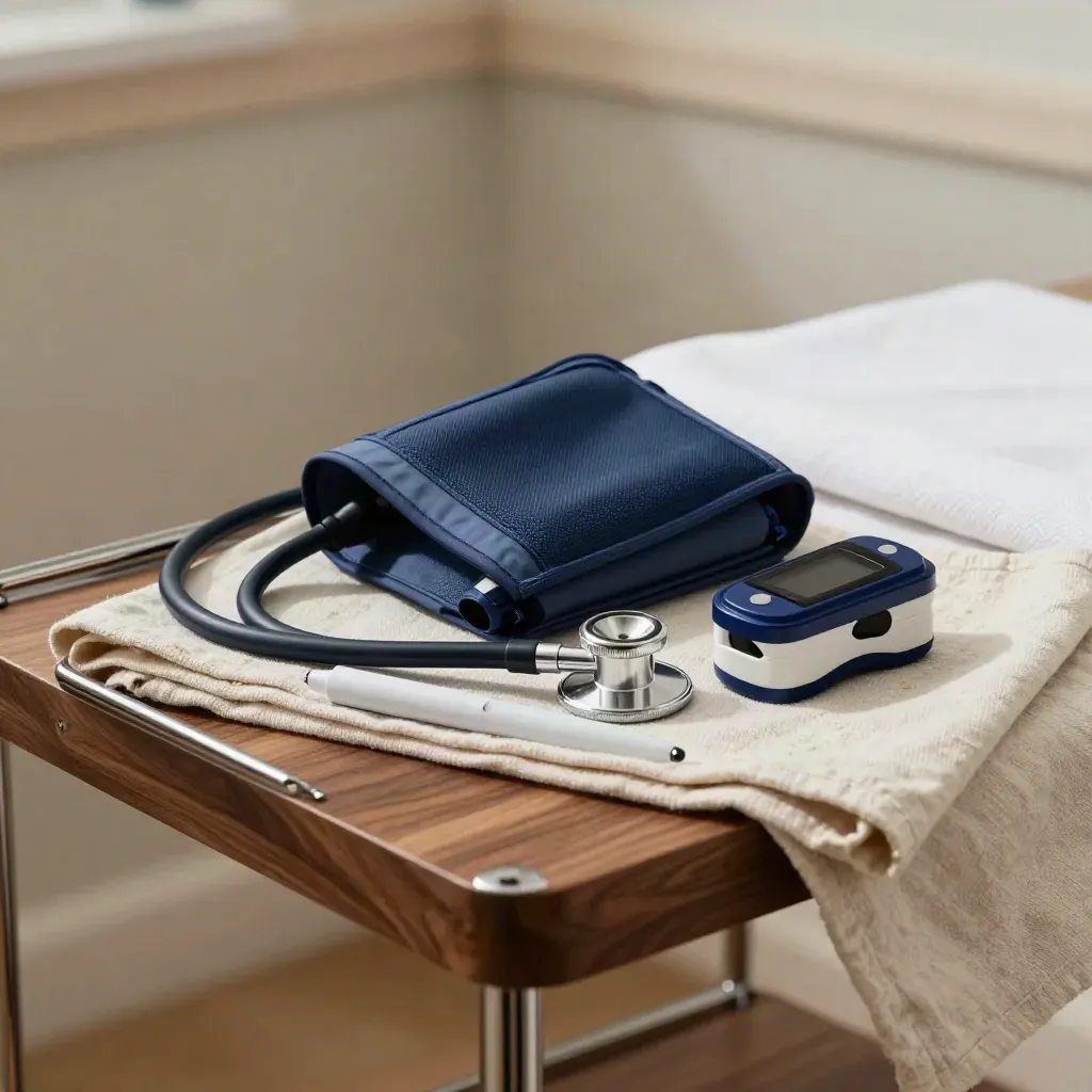 Medical tools on linen: blood pressure cuff, stethoscope, pulse oximeter and penlight in side light.