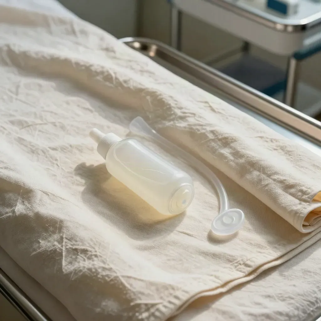Ultrasound gel bottle, probe cover sleeve, and sterile drape folds on a prep tray.