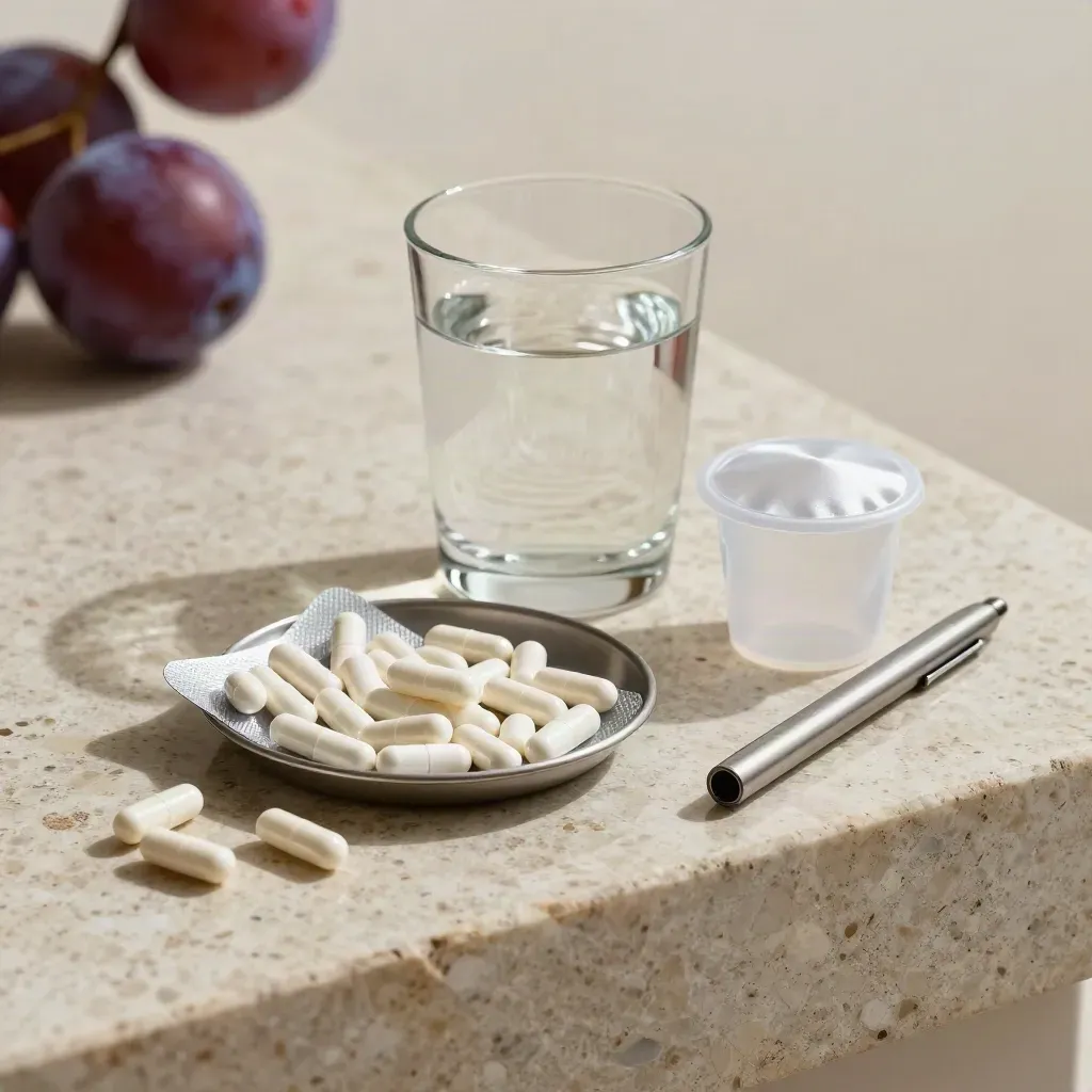 Capsules, water glass, specimen cup, and penlight on travertine in soft daylight.