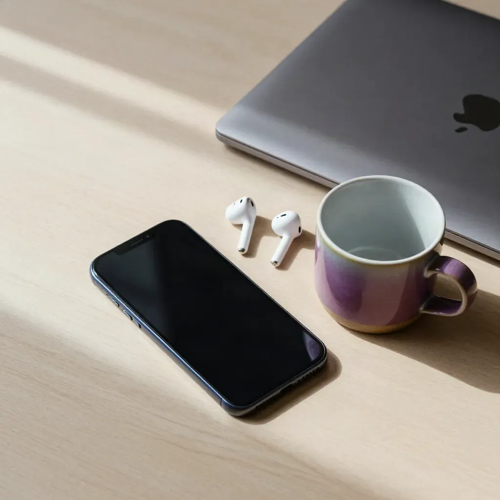 Phone, laptop, earbuds, and mug arranged on pale wood in a calm booking still life.