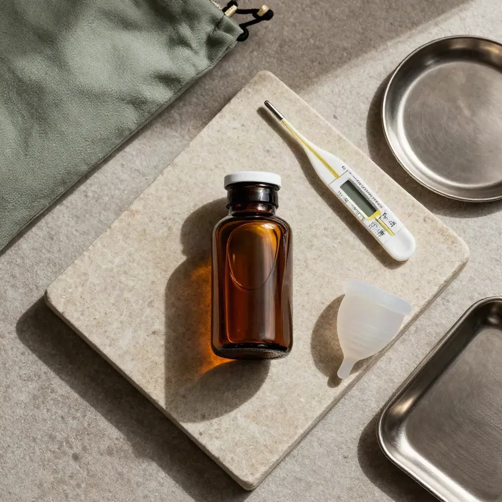 Overhead flatlay of medication bottle, thermometer, menstrual cup, and pouch on stone.