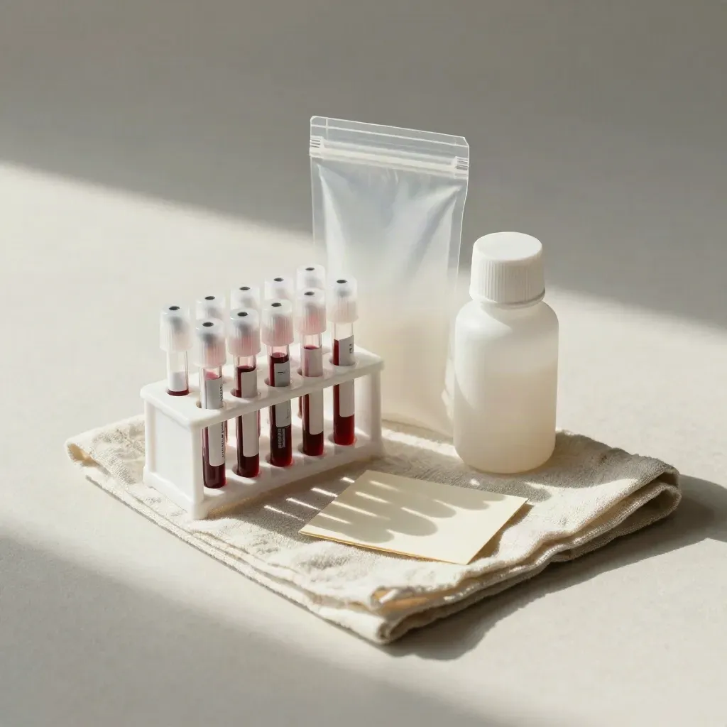 Blood tubes, sample bag, and refill bottle on plaster for a care plan.