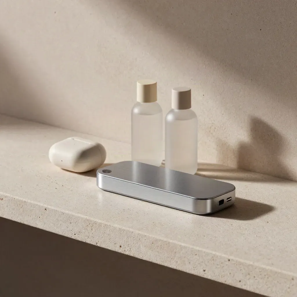 Phone dock, earbuds case, and refill bottle on a stone shelf with soft blush accents.