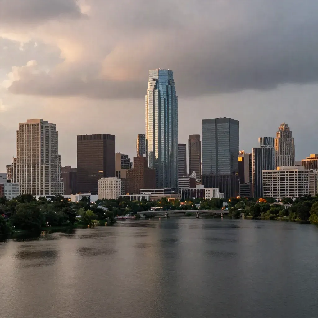 Austin skyline above Lady Bird Lake after a summer storm, warm haze and city lights waking.