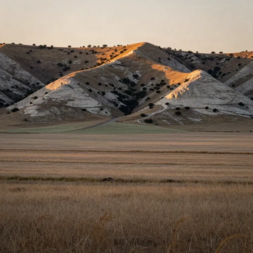 Golden-hour view of Central Texas limestone hills and cedar breaks under warm haze.