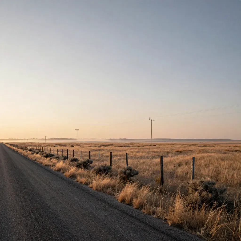 Empty Texas prairie road at dawn under a vast hazy sky with soft golden light