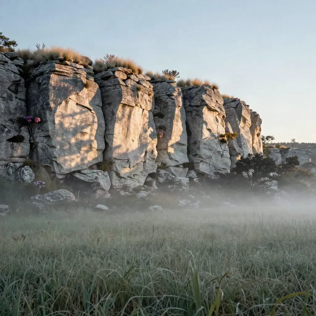 Misty Hill Country limestone ledge with oak shadows and pale grass at sunrise.