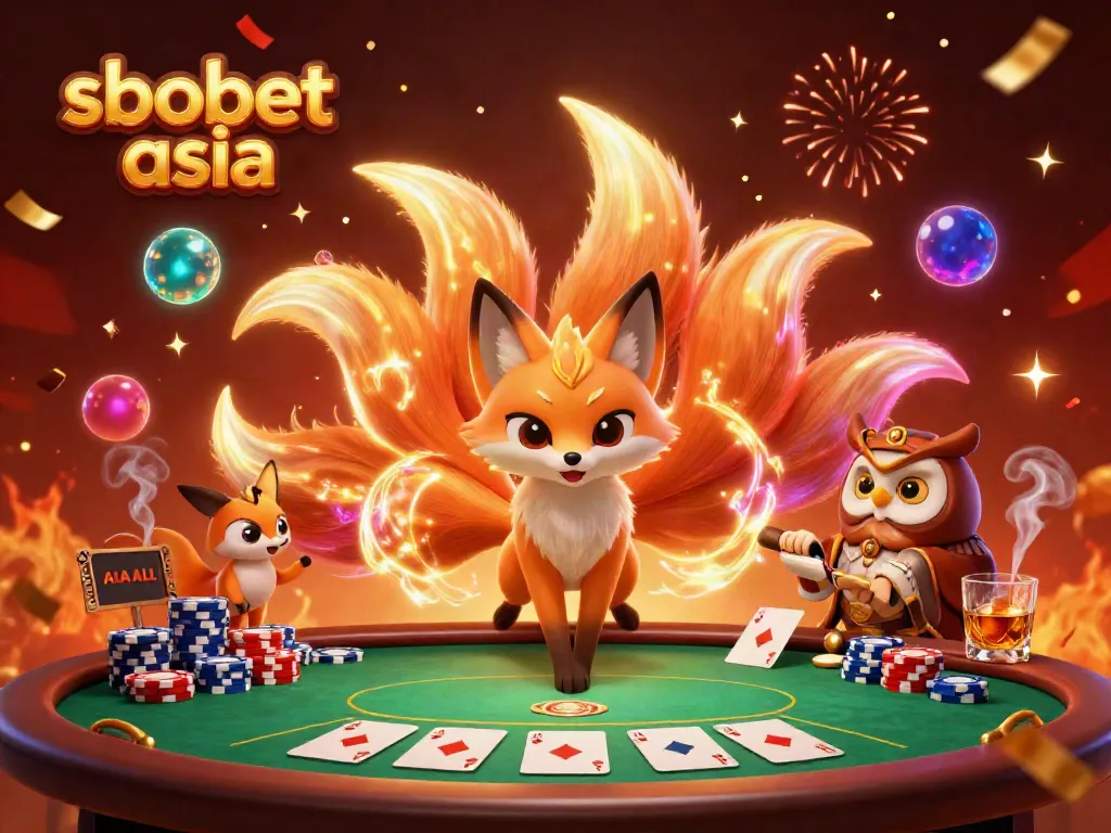 Experience captivating sbobet asia gaming power with a vibrant nine-tailed fox amidst poker action.