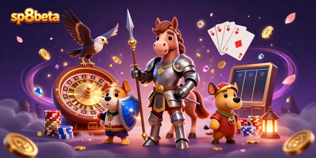 Experience the thrill of gaming with sp8beta as medieval characters engage in festive casino activities.