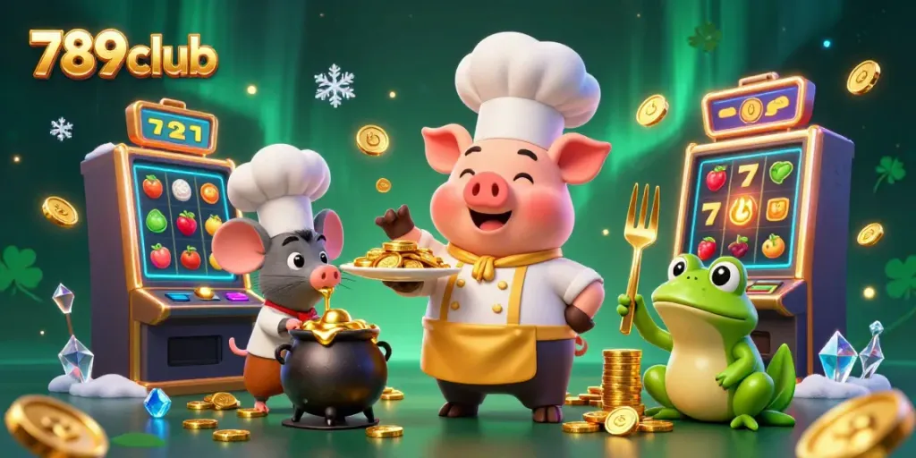 Experience excitement with 789club as the chef pig serves golden coins amidst vibrant slot machines.