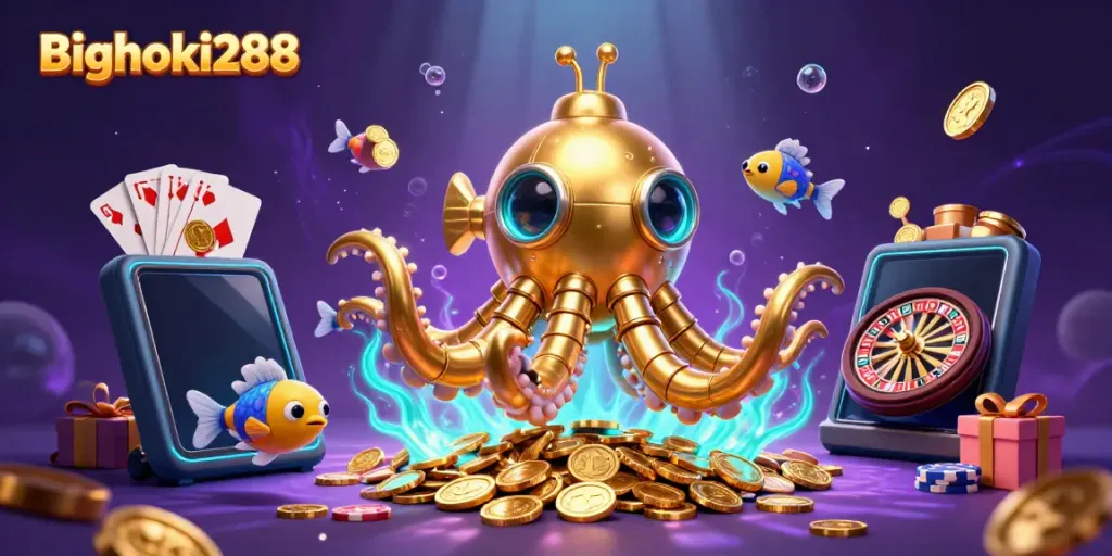 Experience thrilling gameplay at Bighoki288 with stunning golden kraken and vibrant casino elements.