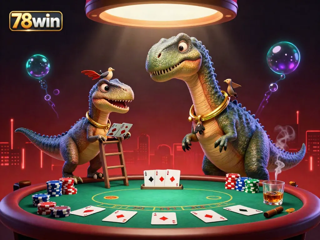 Experience the vibrant casino atmosphere of 78win with a towering brontosaurus dealer and poker scene.