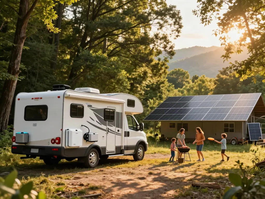 Family camping with lithium RV batteries at a scenic site, showcasing off-grid lifestyle.