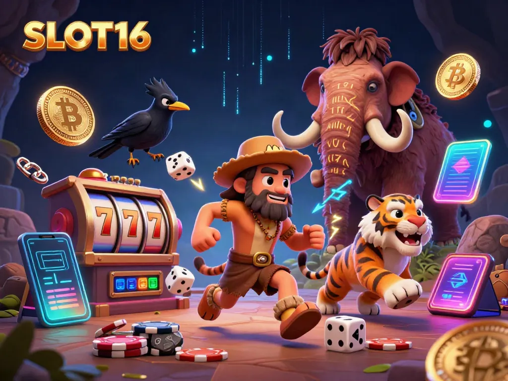 Experience the excitement of SLOT16 with a prehistoric casino scene featuring a caveman and sabertooth tiger.