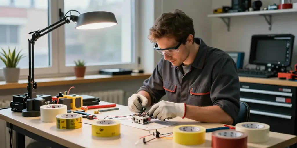 Technician applying Super33 Daftar electrical tape in a professional workshop setting.