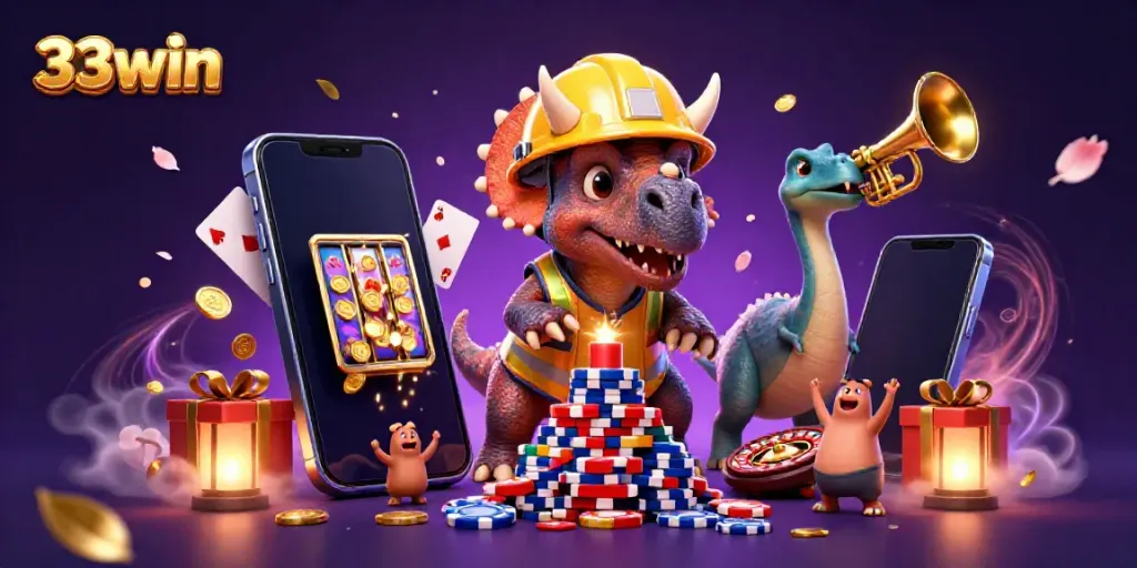 33win players enjoy vibrant games with 3D animated characters celebrating gambling wins.
