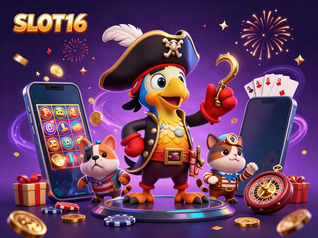 Engage with SLOT16 through a dazzling 3D pirate-themed scene filled with slots and gaming elements.