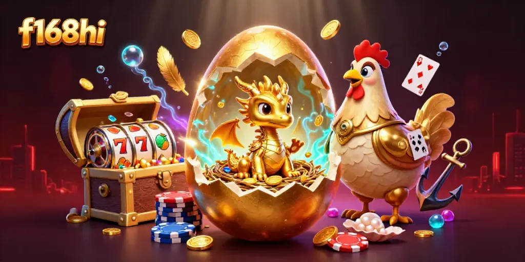 Engage in f168hi's thrilling casino adventure with a golden dragon and poker chips in a vibrant scene