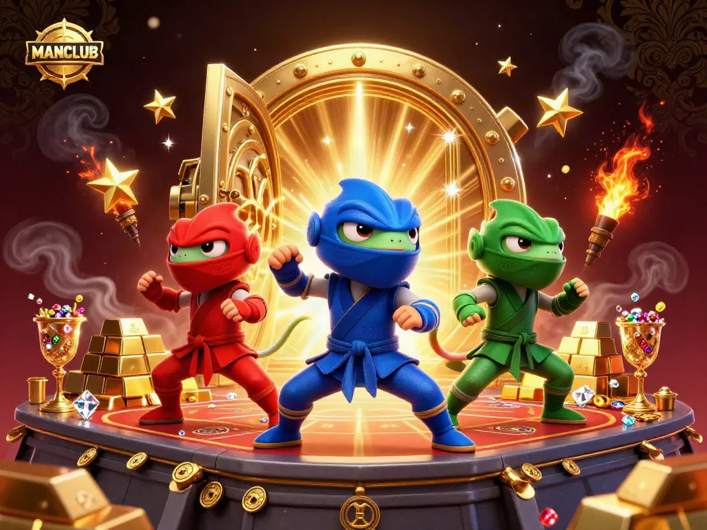 Engage with MANCLUB's vibrant ninja chameleon characters amidst a treasure-filled casino rooftop scene.