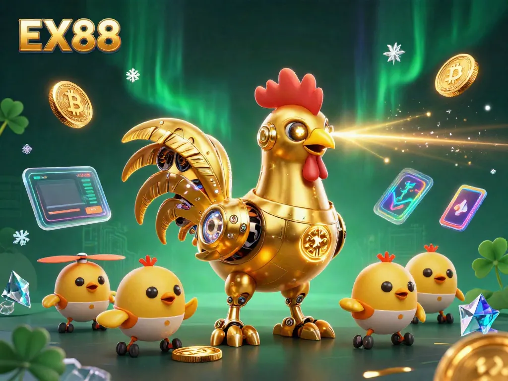 Experience the thrilling gaming universe of EX88 with a cartoon golden rooster robot leading the adventure.