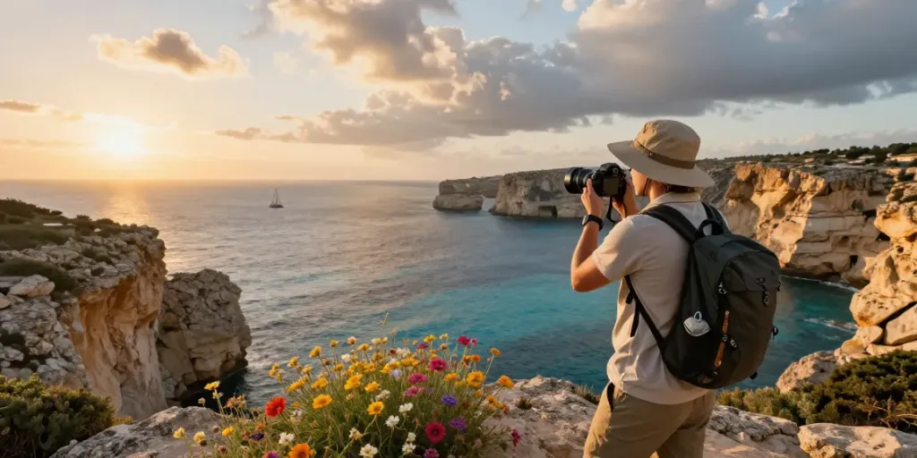 Gozo tours showcasing a traveler at sunset over Mediterranean cliffs
