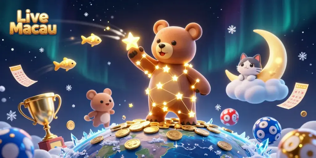 Experience Live Macau excitement with a 3D constellation bear interacting with lottery elements amid dynamic visuals.
