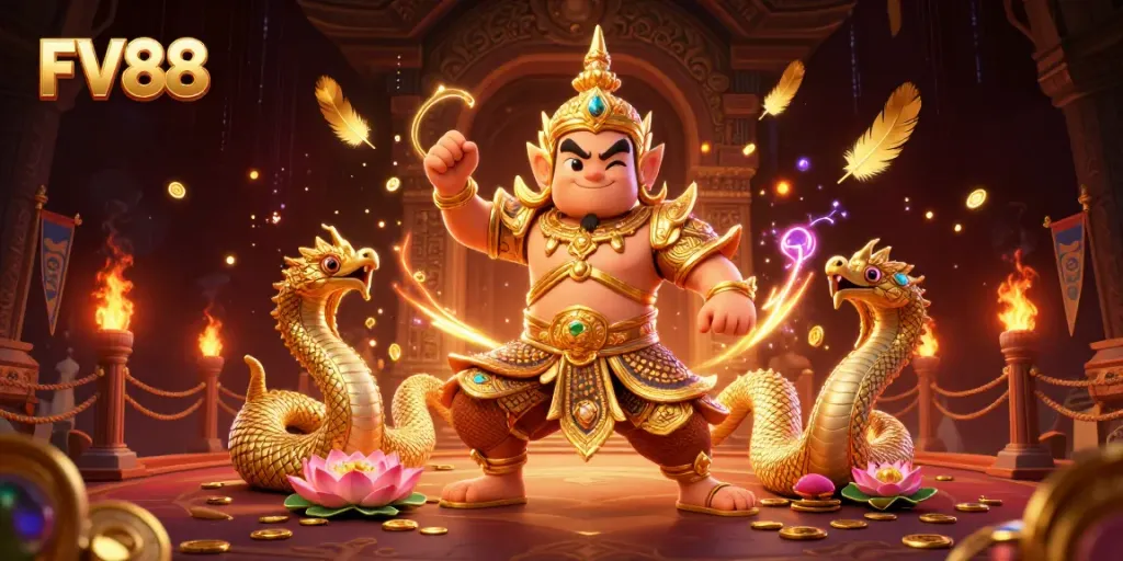 Experience immersive gaming thrills with FV88's vibrant online casino world, showcasing dynamic characters and captivating gameplay.
