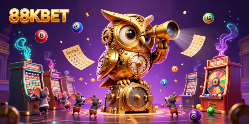 Engage in thrilling action at 88KBET as a golden owl watches over busy casino floor activities.