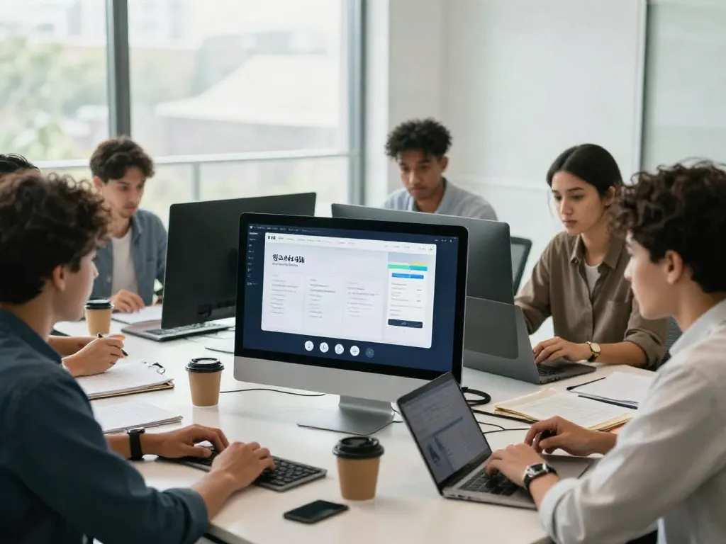 Professional team collaborating on a 링크사이트 user interface in a modern workspace.