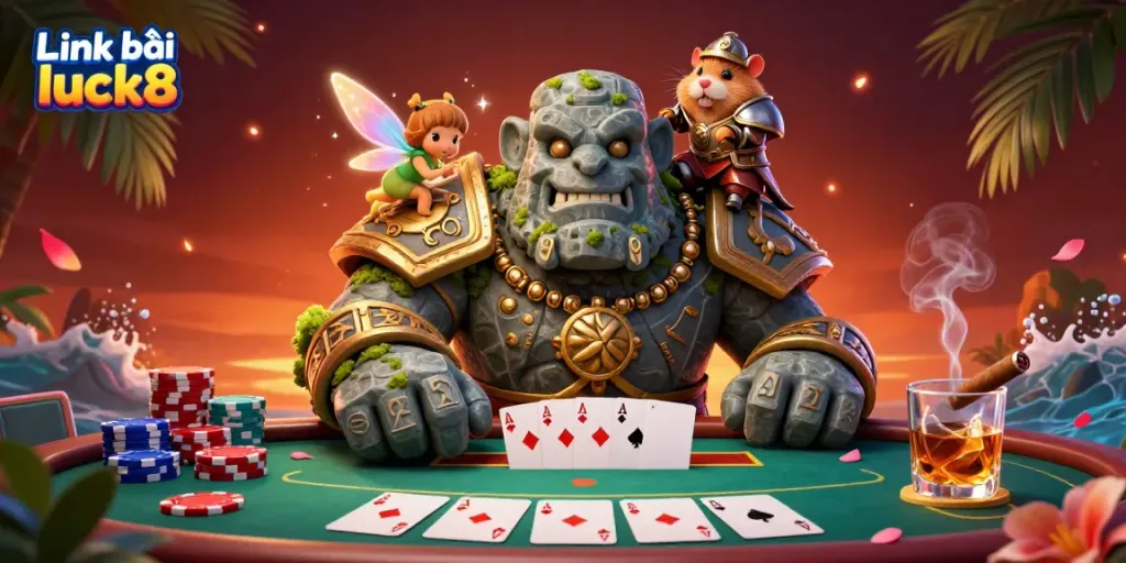 Experience the vibrant world of Link vào luck8 with a dynamic scene of a golem guardian and fairy amidst poker elements.
