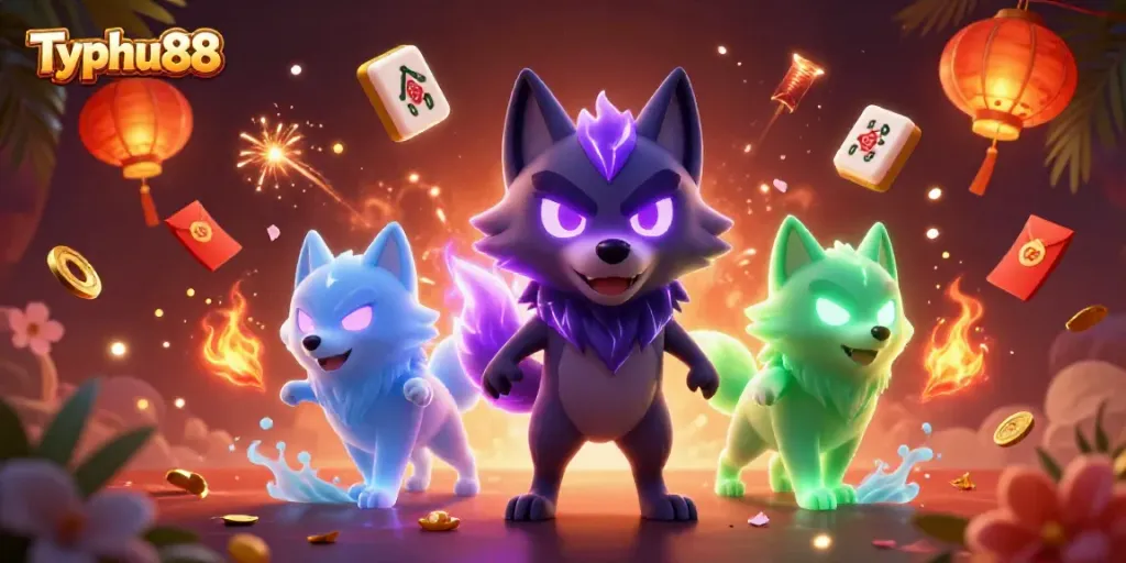 Experience Typhu88 online gaming with vibrant 3D wolf motifs and immersive casino elements.