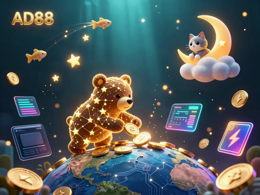 Experience the excitement of AD88 casino with a vibrant, cosmic-themed illustration packed with gaming elements.