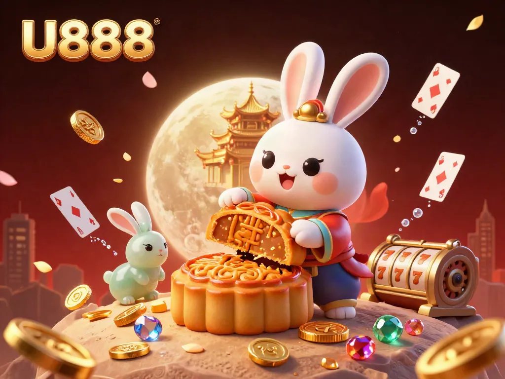 U888 brings thrilling poker actions to life in a vibrant lunar-themed casino illustration.