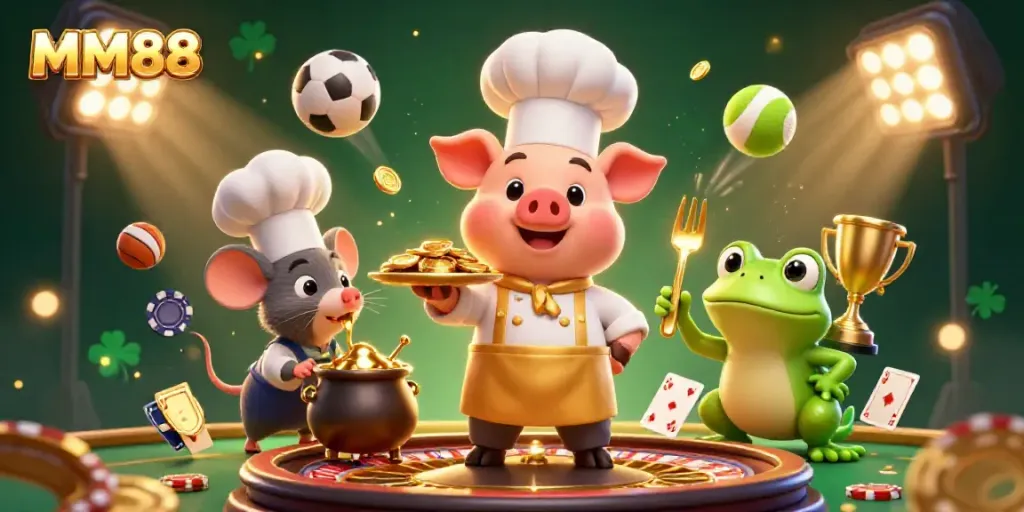 Experience MM88 with a vibrant scene featuring a chef pig, sous-chef mouse, and critic frog amidst dynamic casino elements.