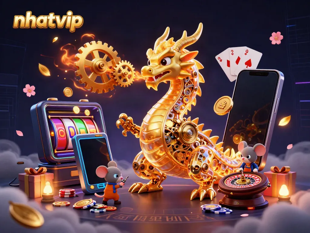 Nhatvip gaming scene featuring a golden dragon, animated slot game elements, and vibrant casino accessories to engage players.