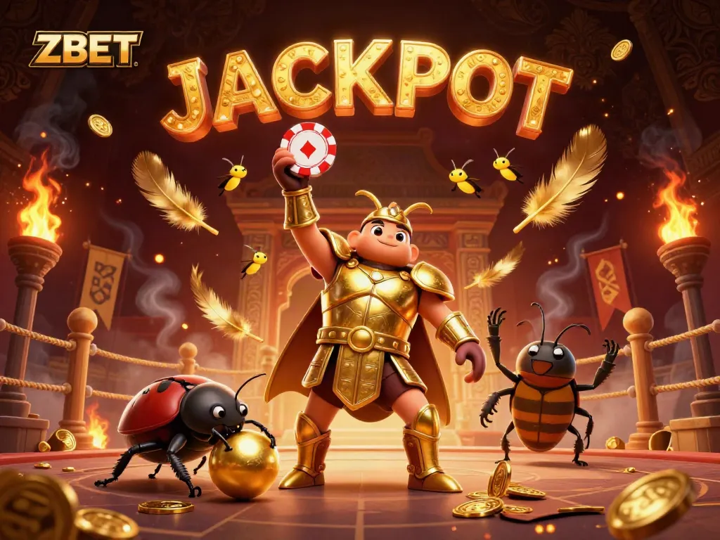ZBET casino design featuring a victorious gladiator beetle, golden tokens, and jackpot fireflies in action.