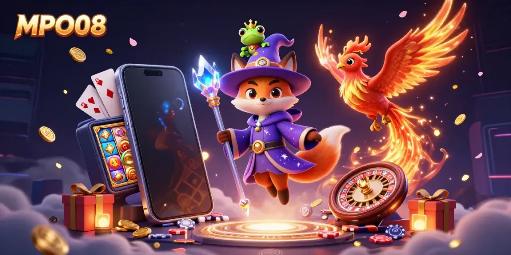 MPO08 slot gaming adventure with a mystical wizard fox and phoenix characters