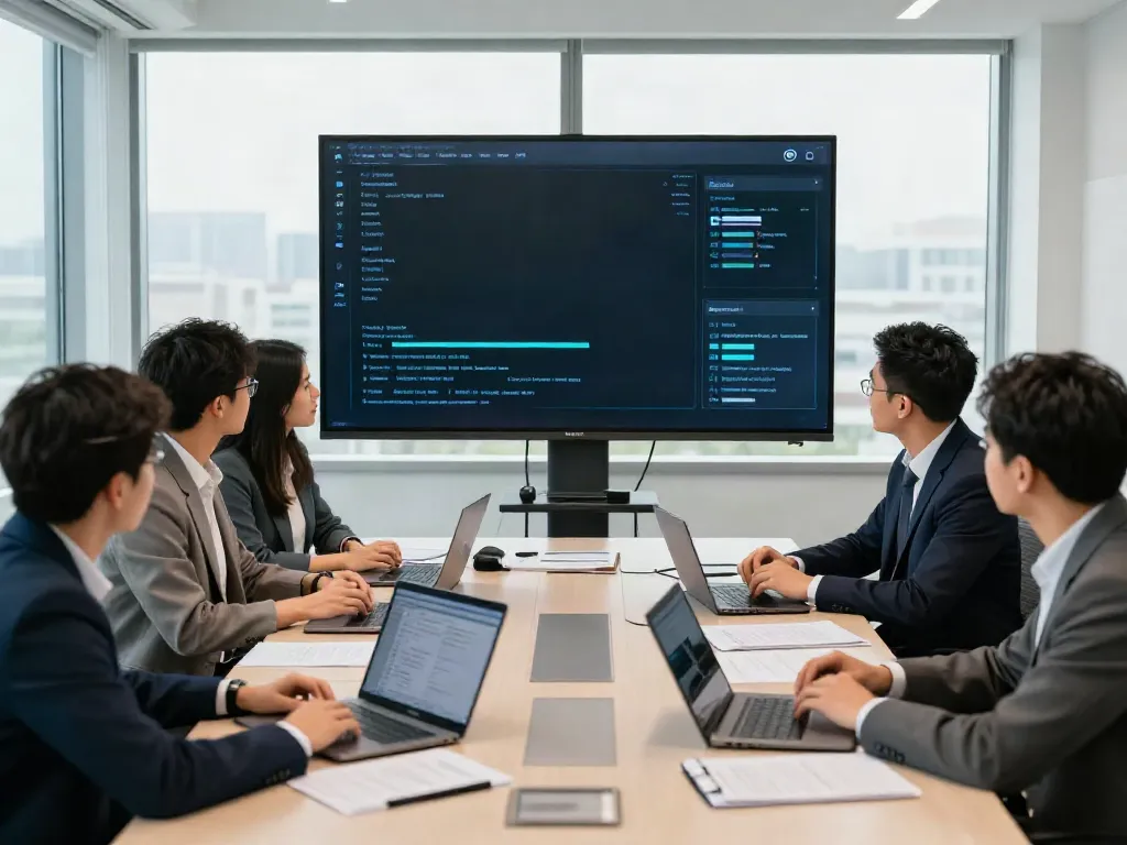Team discussing deepfake protected meetings solutions in a modern office.