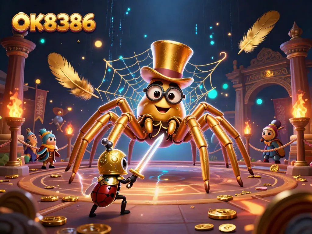 Witness the whimsical showdown at OK8386, where a golden spider spins a luxurious web among casino pillars.