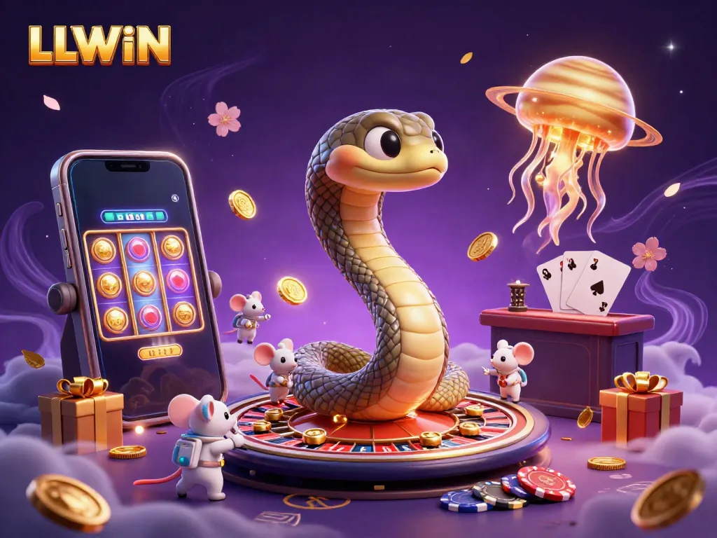 Experience thrilling gameplay in the cosmic LLWIN casino, where a snake roulette wheel enchants players.